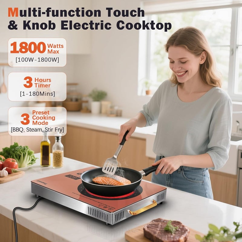 Traenvir Single Burner Electric Cooktop, Protable Electric Stove with Handle, 1800W One Burner Ceramic Stove top for Dorm, Home, RV, Child Lock, Timer, Steam, BBQ, Stir Fry,110V - 120V Plug in, Orange - Image 2